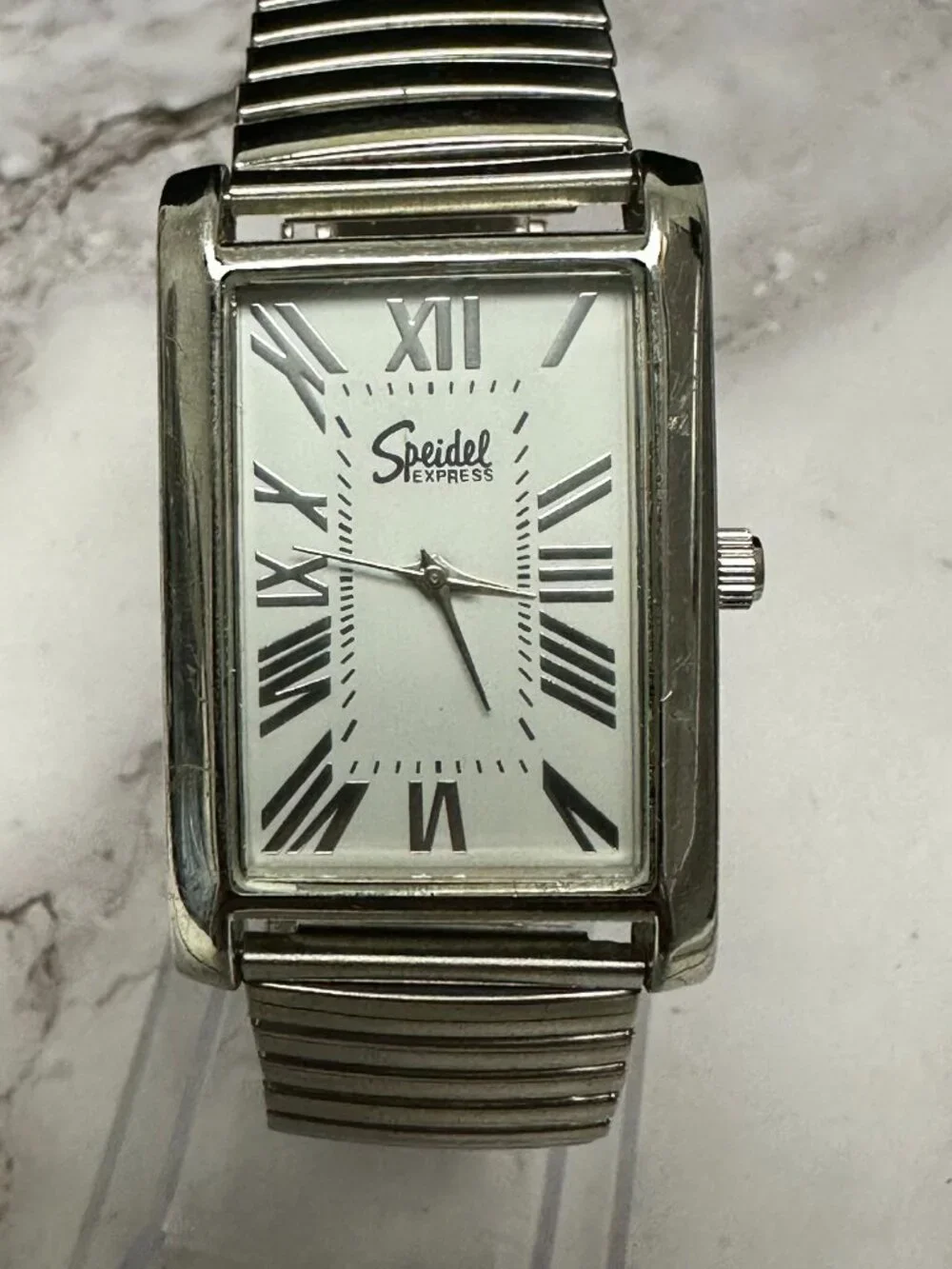 Speidel Tank Watch Women Silver Tone White Dial Stretch Band New Battery 7 Inch